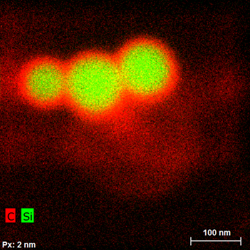 ElementVerteilungsbild von Silizium-nanopartikeln Mit Kohlenstoff（腐烂）und silizium（grün）
