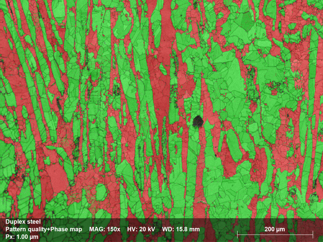 Phase Distribution Map showing Ferrite phase in red and Austenite phase in green; phase ratio was 39% and 61% respectively; mapping time: 18:01min, Map size: 548,000pixels, zero solutions: 5.7%. No data cleaning applied!