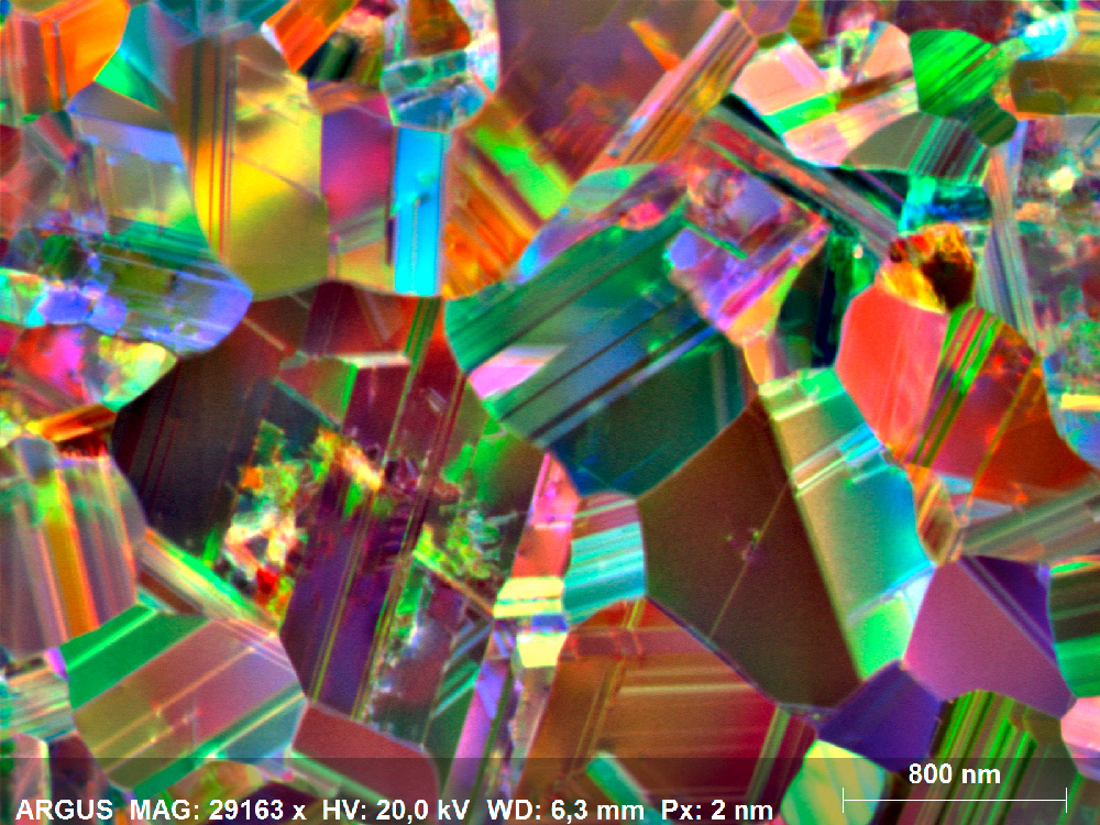 从FIB制备的SiC样品中获取彩色编码暗场图像。该图像描绘了一个高度孪晶的微结构，其中一些孪晶的宽度小于10纳米。