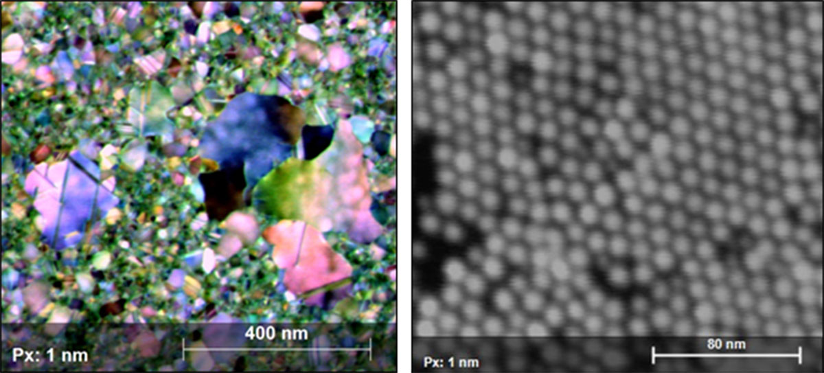 20 nmの盟フィルムとポリマーリガンドによって結合されたPtNiナノ粒子から取得された偽色の明視野像(左)と暗視野像(右)。