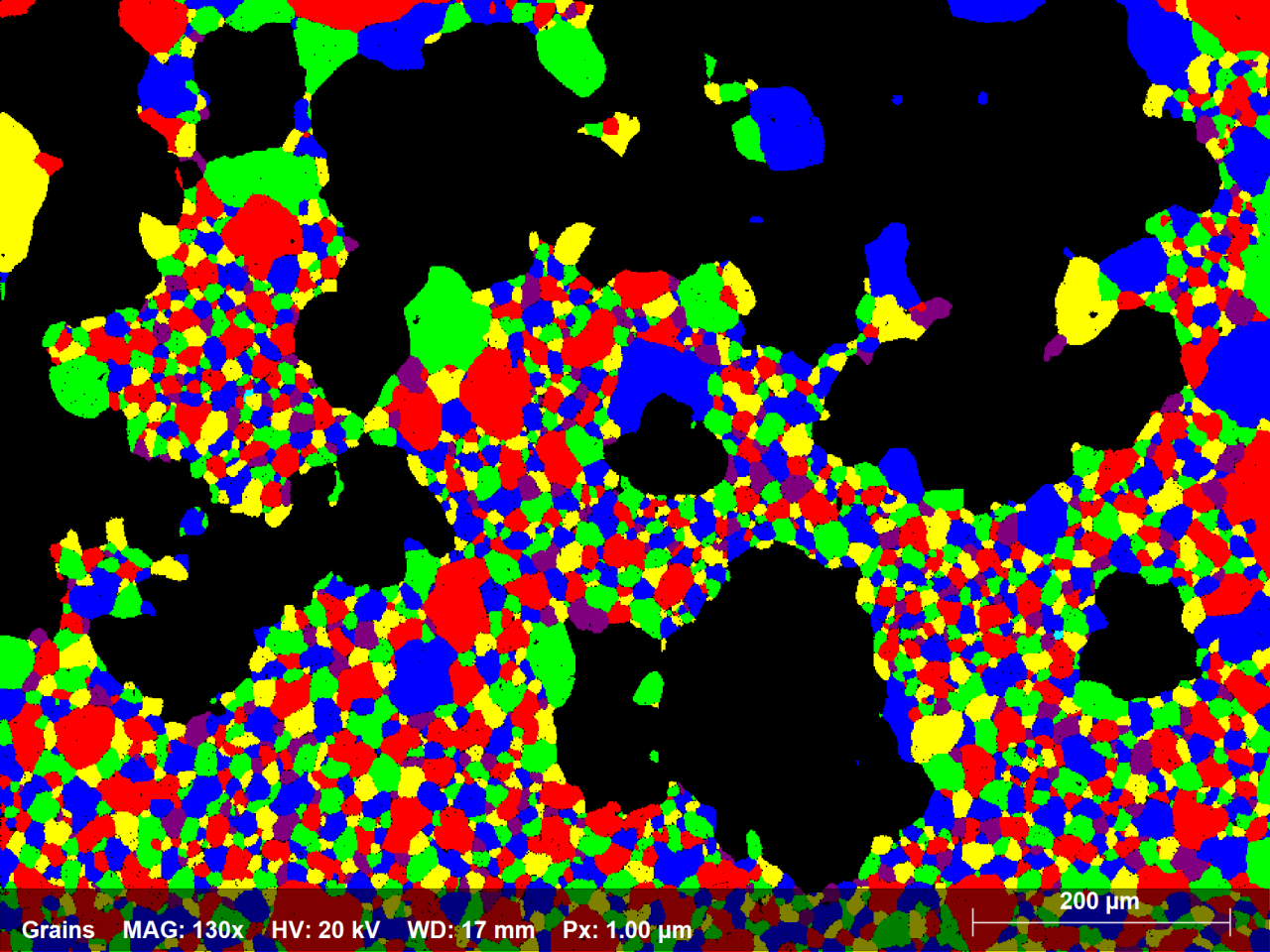 図1.4:70ミクロン未満の直径を持つすべての粒をランダムな色で示す镍合金EBSDマップのサブセット。2250粒がマップエリアの58%を占めます。