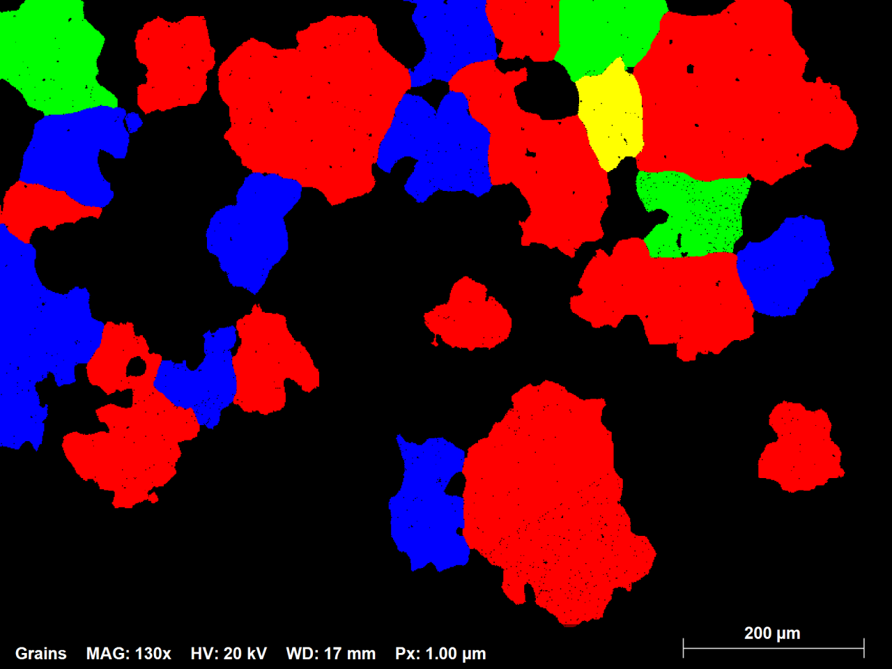 図1.3:70ミクロン以上の直径を持つすべての粒をランダムな色で示す镍合金EBSDマップのサブセット。総数の1%の粒がマップ領域の約42%を占めます。