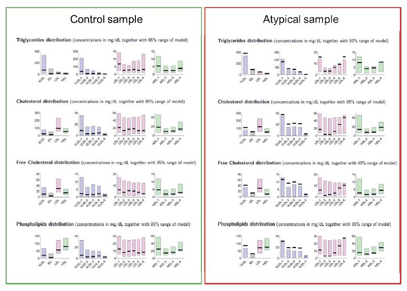 由Bruker IVDR脂蛋白亚类分析B.I.-LISA计算出的脂质分布的两个示例。