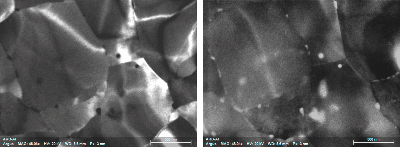 从重型变形（Arb）Al合金样品中同时获取的明亮场（左）和相应的暗场图像（右）显示在晶界处存在沉淀物的存在。