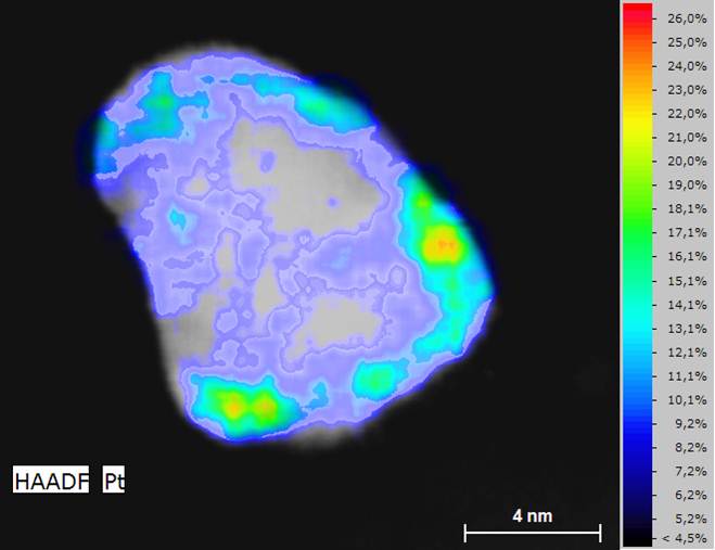 HAADF图像的Pd - Pt核壳粒子覆盖其定性的Pt映射